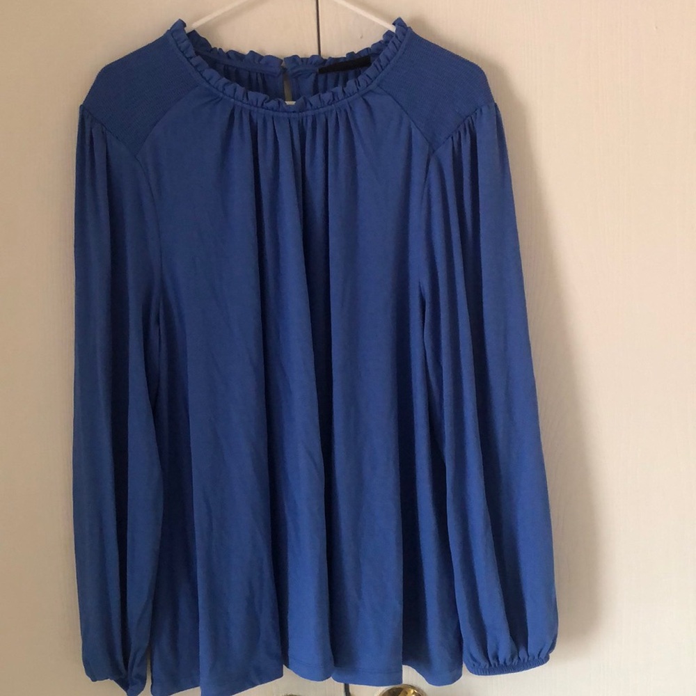 Woman’s fall Lane Bryant plus  blue long sleeve  stretchy rayon blouse